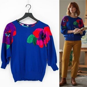 Vintage Anthony Sicari Cobalt Blue Knit Sweater Top Satin Flowers Size 8